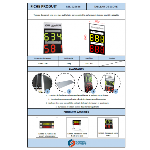 Tableau de score 3 sets avec logo