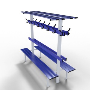 Banc central de vestiaire avec dossier, porte-manteaux et porte-sacs