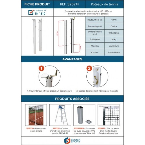 Poteaux ovoïdes en aluminium à sceller, treuil intérieur - Conforme ITF