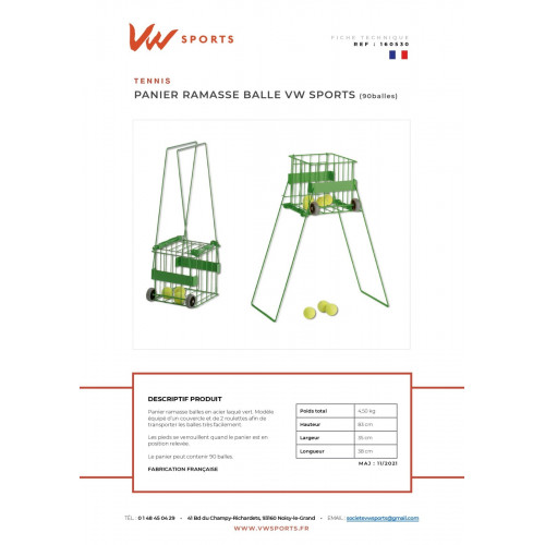 Panier ramasse balles VW SPORTS Made in France - 90 balles - 160530