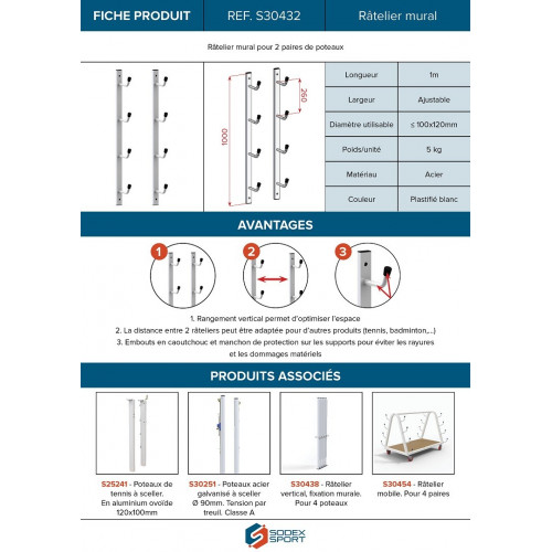 Râtelier mural de rangement pour 4 poteaux