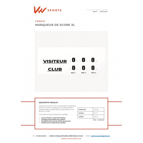Marqueur score VW SPORTS XL 120 x 60cm Made in France - 150530