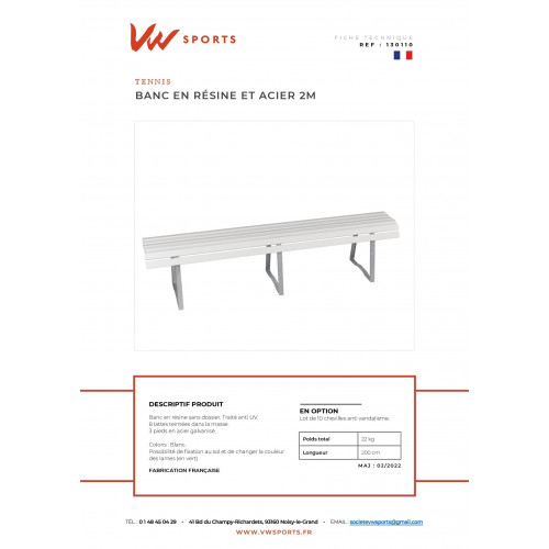 Banc pieds acier sans dossier 2m - Made in France - 130110