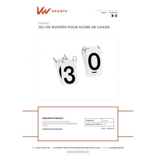 Kit 1 jeu de 8 numéros score de chaise