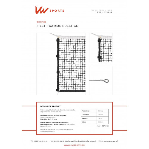 Filet de tennis gamme prestige sans régulateur - Maille double Ø 3 mm- 110050