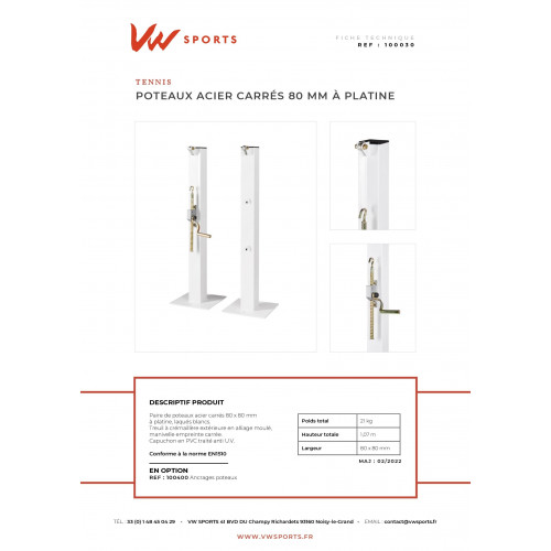Poteaux de tennis en acier carrés dia.80mm à platine - treuil extérieur (paire)