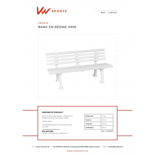 Banc résine 1m50 - 9 lattes - 2 pieds - blanc - 130010