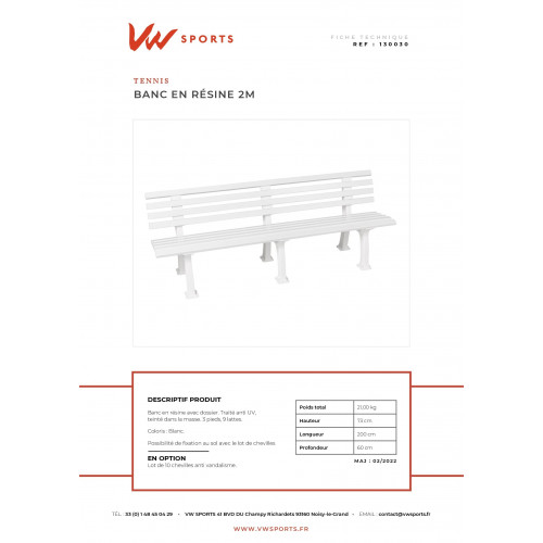 Banc résine  2m  - 9 lattes - 3 pieds - blanc