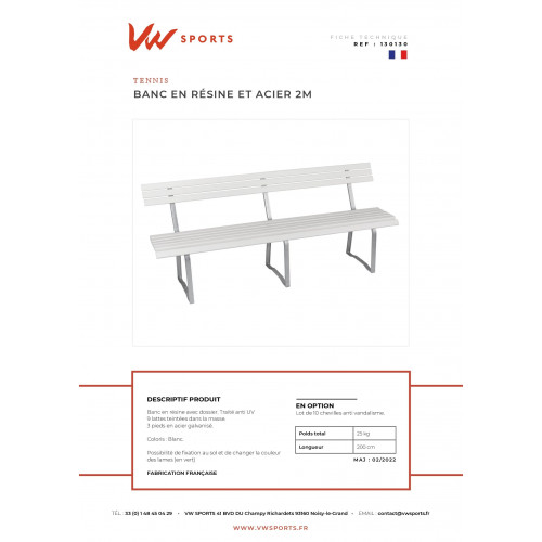 Banc pieds acier avec dossier 2m - Made in France - 130130