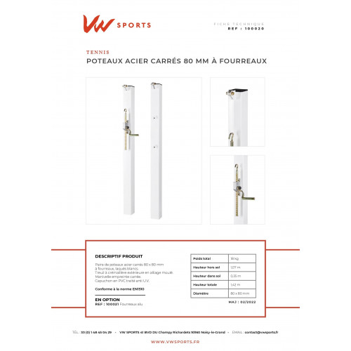 Poteaux de Tennis acier carrés dia.80mm - treuil extérieur (paire) - 100020