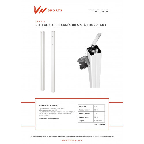 Poteaux de tennis alu blanc carré à fourreaux 80mm treuil intérieur - 100050