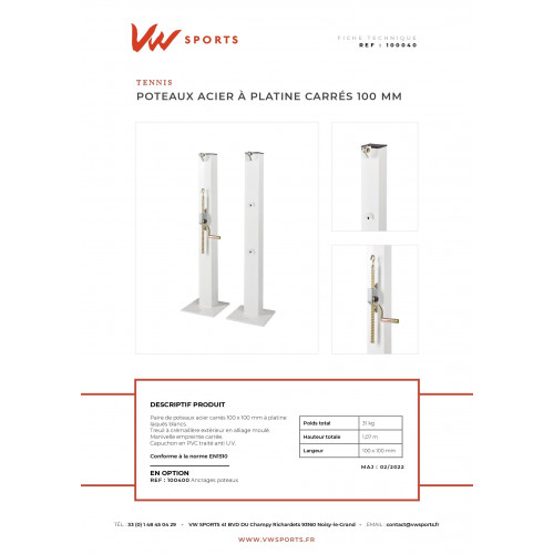 Poteaux tennis acier carrés 100mm à platine - treuil extérieur