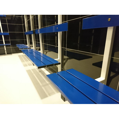 Banc de vestiaire mural avec dossier, porte-manteaux et porte-paquets