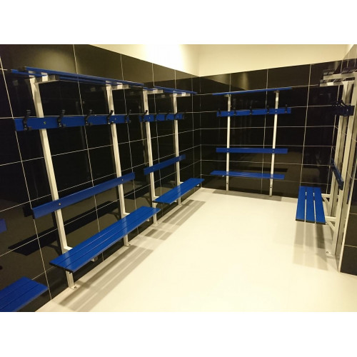 Banc de vestiaire mural avec dossier, porte-manteaux et porte-paquets