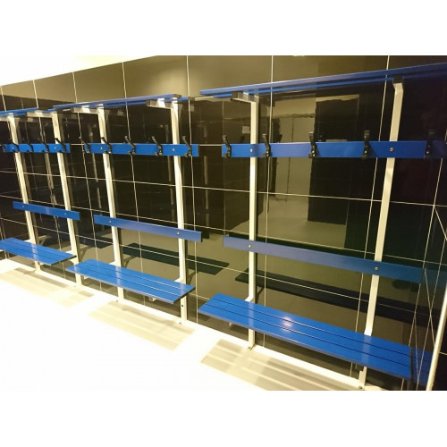 Banc de vestiaire mural avec dossier, porte-manteaux et porte-paquets