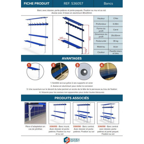 Banc de vestiaire mural avec dossier, porte-manteaux et porte-paquets