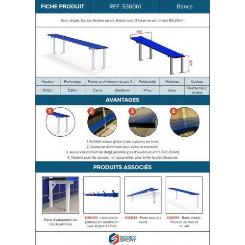 Banc simple de vestiaire avec double fixation au sol