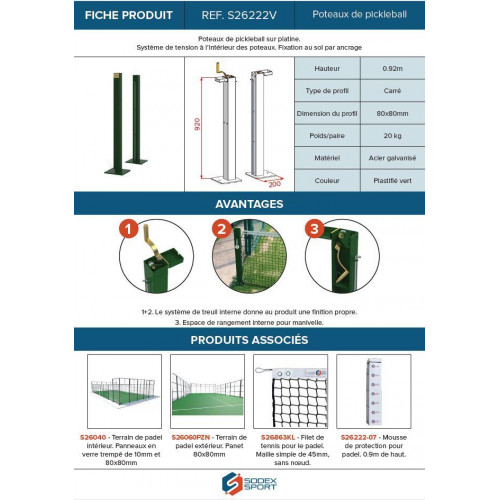 Poteaux de pickleball sur platine avec treuil intérieur - 80x80mm en acier galvanisé