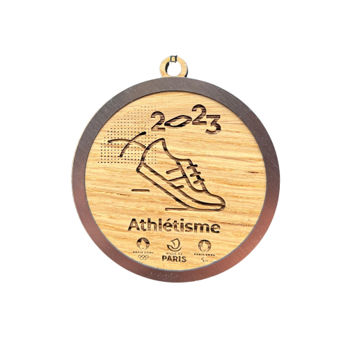 Médaille 50mm logo en bois avec cerclage or, argent, bronze