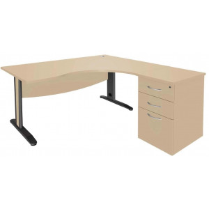 Bureau asymétrique 160cm Quatuor pied L métal retour droite+caisson HB Hêtre/Ant