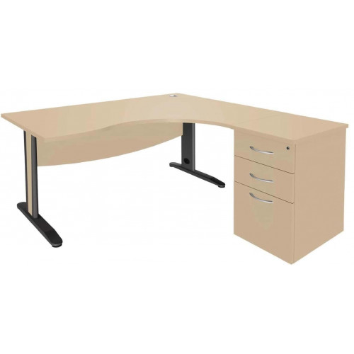 Bureau asymétrique 160cm Quatuor pied L métal retour droite+caisson HB Hêtre/Ant