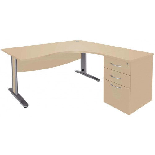 Bureau asymétrique 160cm Quatuor pied L métal retour droite+caisson HB Hêtre/Ant