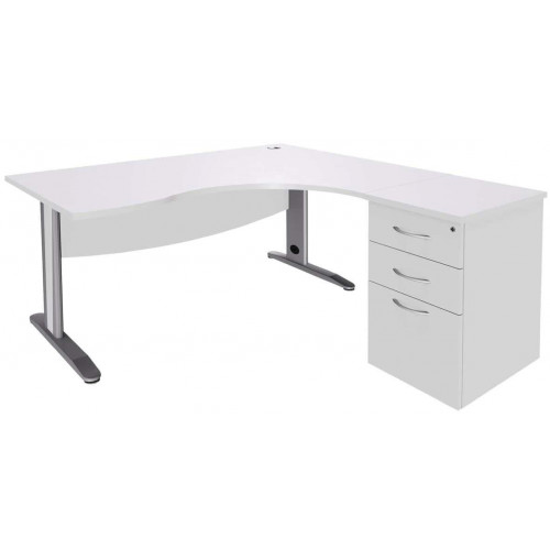 Bureau asymétrique 160cm Quatuor pied L métal retour droite+caisson HB Hêtre/Ant