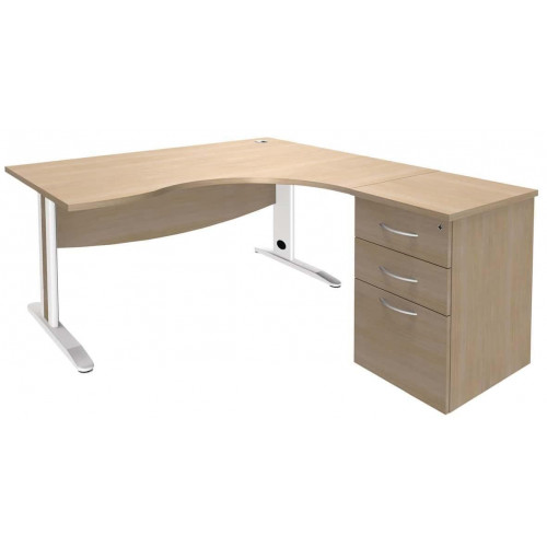 Bureau asymétrique 160cm Quatuor pied L métal retour droite+caisson HB Hêtre/Ant