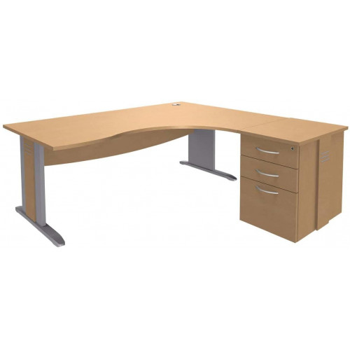 Pack bureau asymétrique 160cm pied L+caisson HB Quatuor Retour droite Hêtre/anth