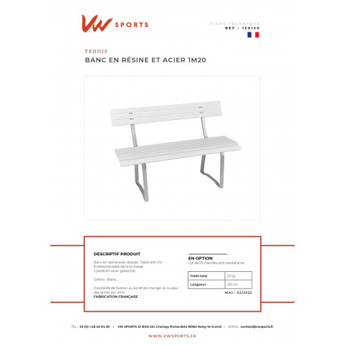 Banc pieds acier avec dossier 1m20 - Made in France - 130120
