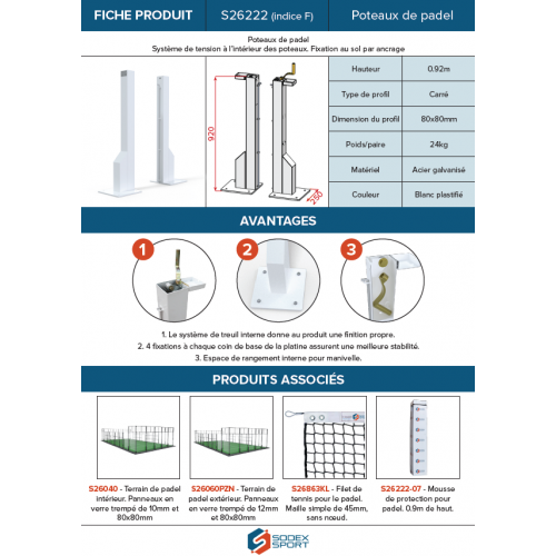 Poteaux de padel en acier sur platine - treuil intérieur