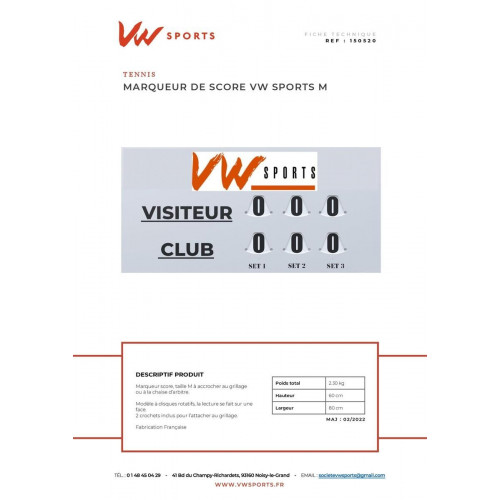Marqueur score VW SPORTS M 80 x 60cm Made in France