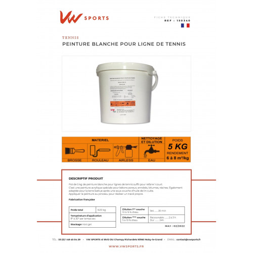 Peinture blanche pour ligne de tennis - Pot de 5kg - Made in France