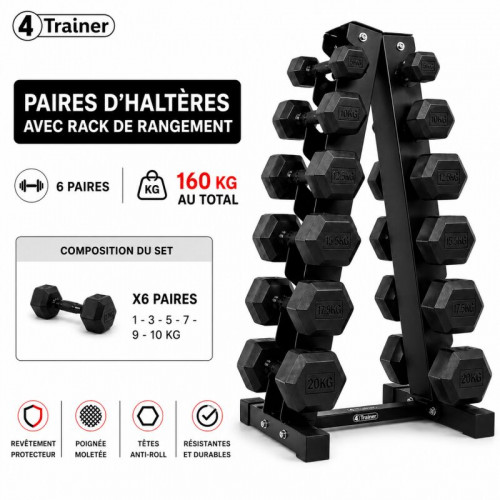 PACK HALTÈRES - 5 à 20KG avec Rack - 6 Paires (5, 10, 12.5, 15, 17.5, 20kg) - 4TRAINER
