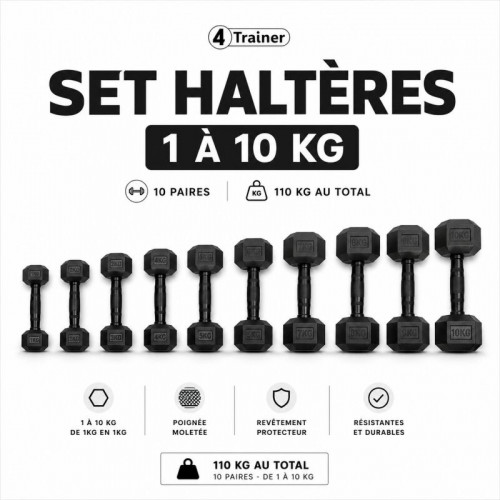 PACK HALTÈRES - 1 à 10KG - 10 Paires (1, 2, 3, 4, 5, 6, 7, 8, 9, 10kg)  - 4TRAINER