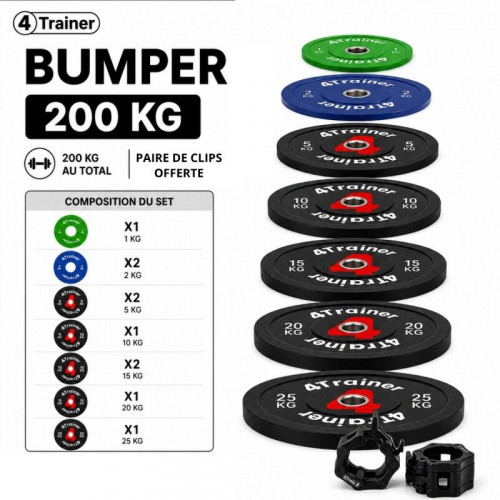 PACK BUMPER PLATES 200KG - Disques Olympiques 50mm - (1, 2x2, 5x2, 10, 15x2, 20, 25) + Clips Offerts - 4TRAINER